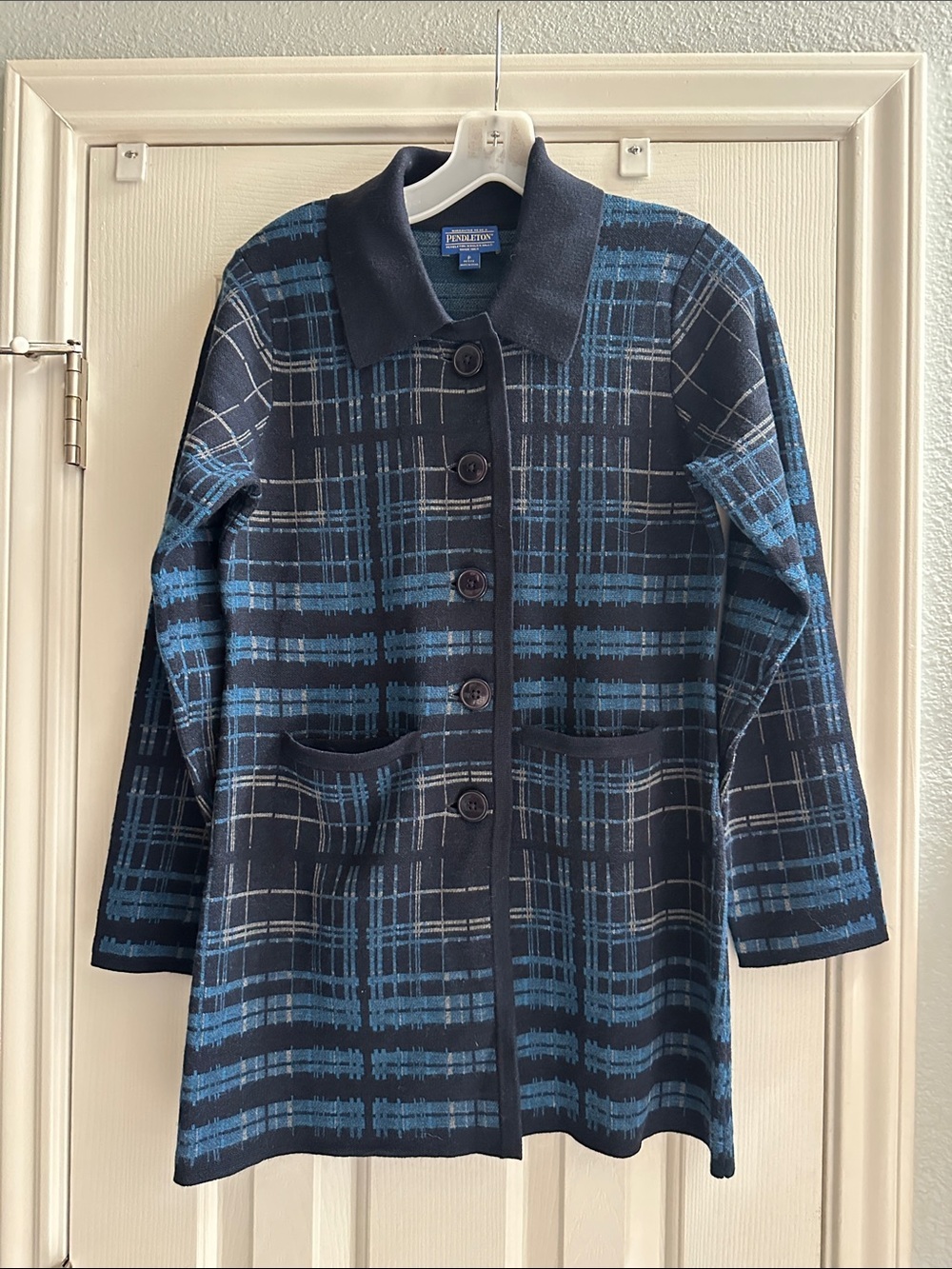 Pendleton Navy Blue Plaid Button-Up Knit Sweater Merino Wool P Classic Preppy